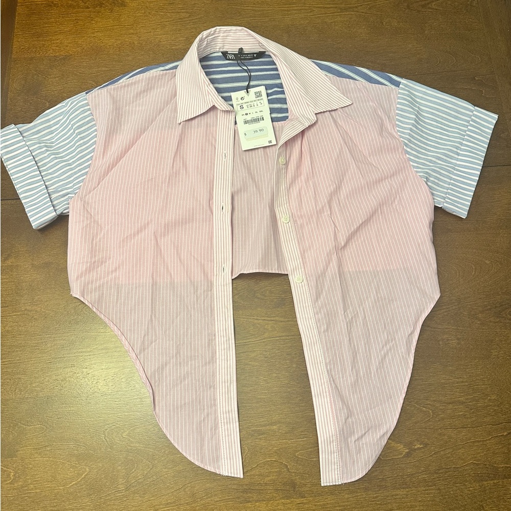 NWT Zara Pink and Blue Striped Button-Up Crop Top Tie Shirt